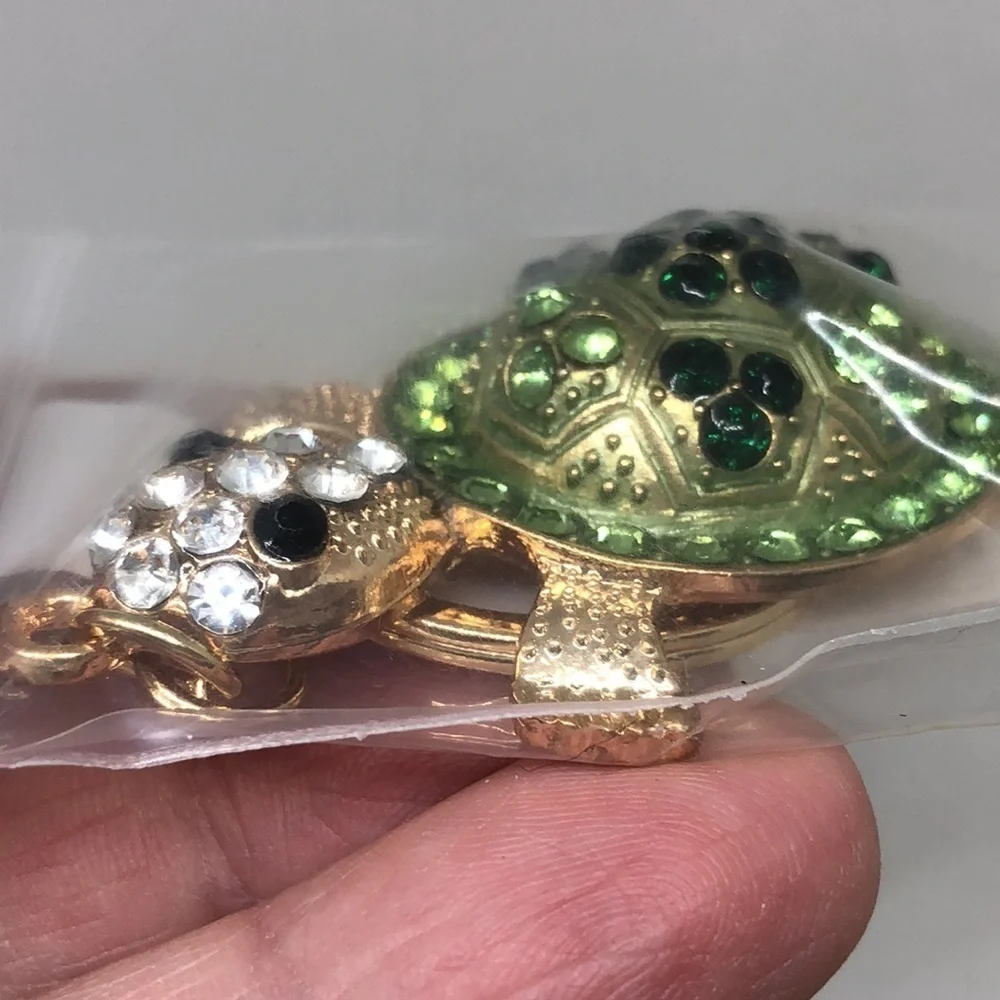 Green and Gold Tone Sea Turtle Tortoise Rhinestone Keychain Bag Charm Pendent